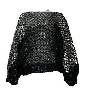 vintage miss tt black silver sequins batwing sleeve blouse Size M union Made